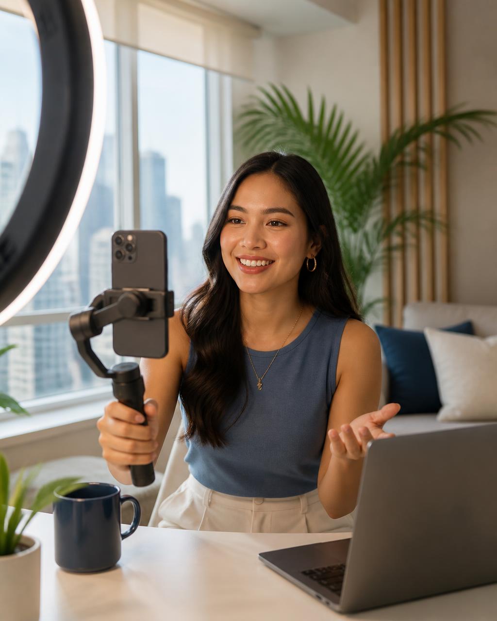 A smiling Filipino creator filming content in a bright home studio